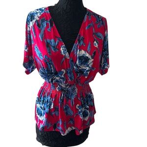 Vibrant Red and Blue Blouse with Elegant Design